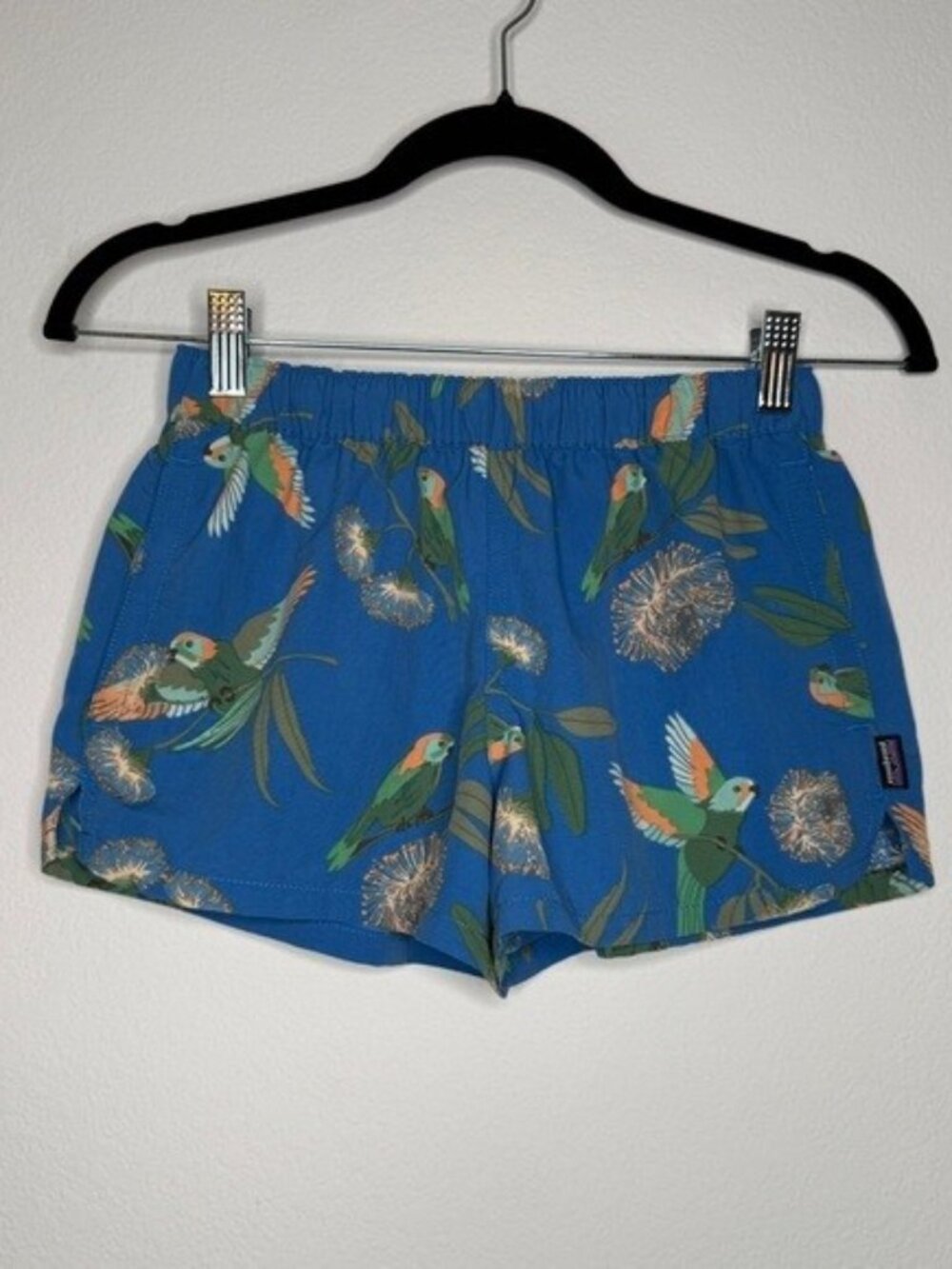 Patagonia Recycled Nylon Barely Baggies Shorts Floral Bird Print Blue XXS
